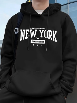 New York Bustling City Baskılı Erkek Tişörtü Kışlık Oversize Kapüşonlu Üst Spor Cepli Polar S