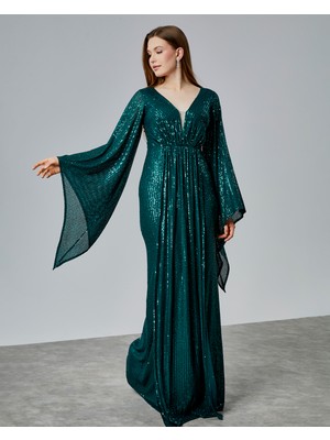 Asees Asimetrik Kollu Büzgü Detaylı Uzun Payet Abiye Elbise