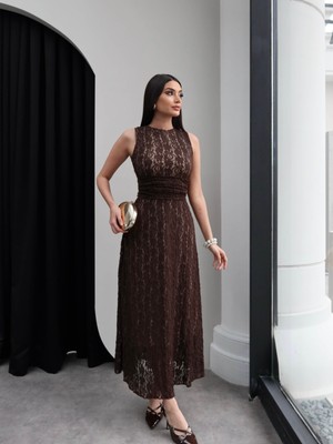 Esra Helvacı Sıfır Kol Bel Drape Güpür Elbise