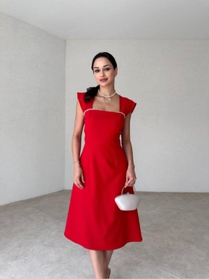 Moda Durağı Sıralı Incili Midi Elbise Kırmızı