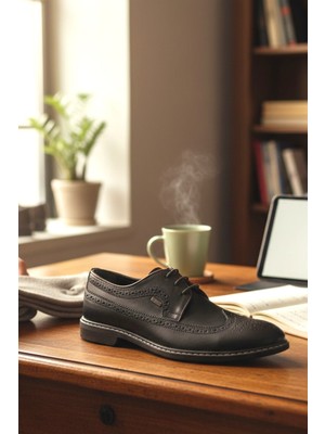 Enoch Hakiki Deri Siyah Brogue Nakış Detaylı Bağcıklı Erkek Ayakkabı