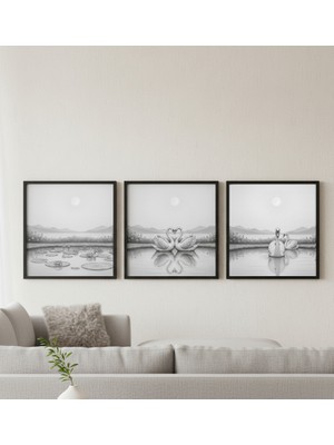 Safir Design Siyah Beyaz Kuğu Figürlü 3 Parça Çerçeveli Tablo Seti, Modern Salon Duvarı Için 3'lü Göl Manzaralı Çerçeveli Tablo