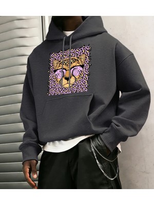 Yaratıcı Mor Leopar Baskılı Kapüşonlular Erkekler Rahat Genç Giysiler Gevşek Sonbahar Sokak Ş