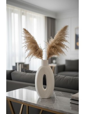 Safir Design Pampas Hediyeli Yuvarlak Beyaz Dekoratif Vazo -El Yapımı Dekoratif Vazo