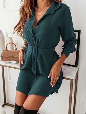 Kadın Uzun Kollu Yakalı Belden Kemerli Kıs Ithal Krep Elbise