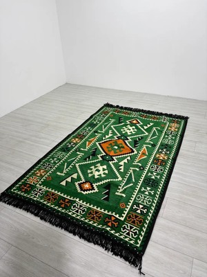Bakırözü Home Pamuk Polyester Karışımlı Modern Otantik Kilim - Anadolu Yeşil Modeli Yıkanabilir Kilim