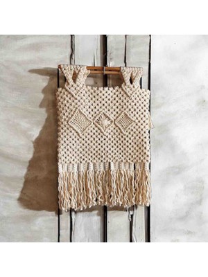 Lal Dizayn Makrome Çanta – Ahşap Saplı – Saçaklı – Bohem El Yapımı Kadın El & Omuz Çantası