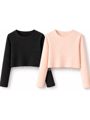 Mini Kanka Kız Çocuk Fitilli Uzun Kollu Crop Bluz 2li – Zincir Detaylı