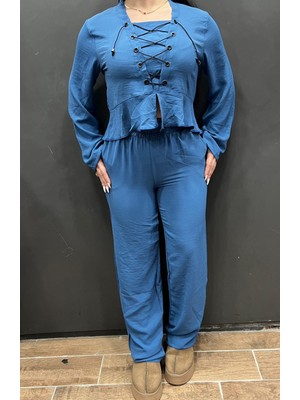 Aslami Tekstil Bej %95 Pamuk Müslin Dokulu Bağcık Detaylı Kadın Ikili Takım - Tesettür Uyumlu Salaş Alt Üst Set