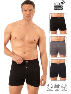 Özkan Underwear Özkan 0041 3'lü Paket Erkek Karışık Renk Şardonlu Pamuklu Düğmeli Penye Boxer