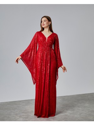 Asees Asimetrik Kollu Büzgü Detaylı Uzun Payet Abiye Elbise