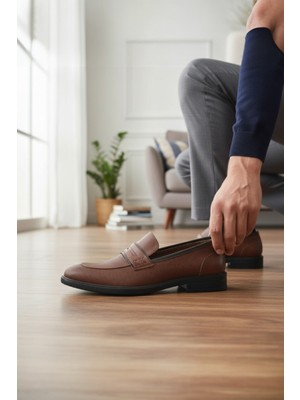 Enoch Kahve Hakiki Deri Klasik Maskülen Tasarım Bağcıksız Erkek Ayakkabı