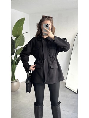 Asfa Moda Kadın Siyah Kaşe Ceket Kaban Oversize Kısa Mont Beli Büzgülü Düğmeli Cepli Kışlık