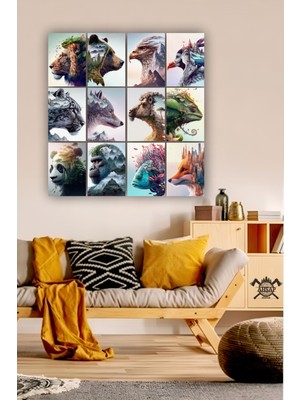 Pi Dekorasyon 12 Parça Hayvan Resimleri Çerçeve Görünümlü Mdf Tablo Duvar Süsü Hediyelik Eşya