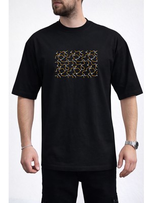 Caddekombin Erkek Soyut Çizgisel Tasarımlı Bisiklet Yaka Siyah T-Shirt