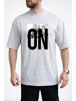 Caddekombin Erkek Doğa Temalı On Yazı Baskılı Bisiklet Yaka Gri T-Shirt