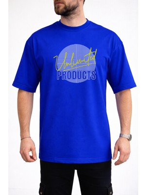 Caddekombin Erkek Lineer Çizgi Unlimited Yazı Baskılı Bisiklet Yaka Saks Mavi T-Shirt