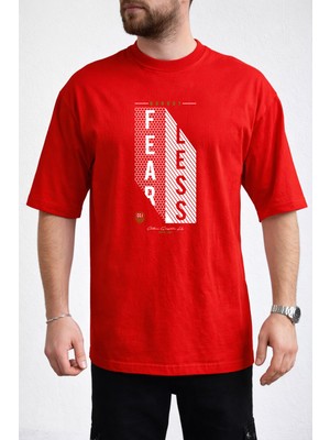 Caddekombin Erkek Fearless Yazı Baskılı Petek Dokulu Bisiklet Yaka Kırmızı T-Shirt