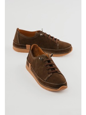 Mubiano Kadın Nubuk Deri Bağcıklı Konfor Ayakkabı Velan Kahverengi