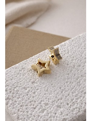 Nora Vıp 14K Yıldız Detaylı Taşlı Küpe Seti Gold