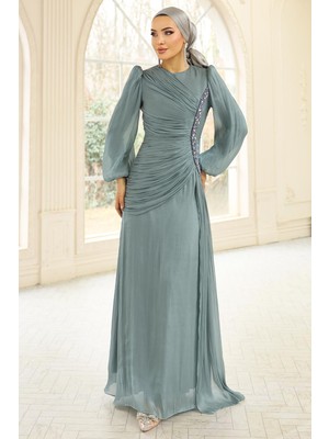 Olcay Inci ve Pilise Detaylı Yoryo Ipek Tesettür Abiye Elbise Su Yeşili 1249
