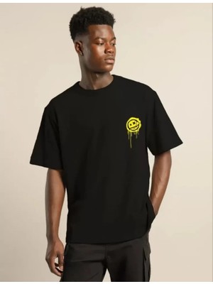 ModaSize Unisex Bisiklet Yaka Baskılı Oversize T-Shirt - Siyah