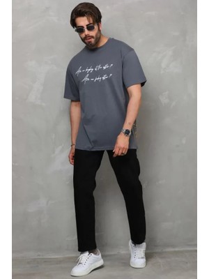 ModaSize Unisex Bisiklet Yaka Baskılı Oversize T-Shirt - Füme