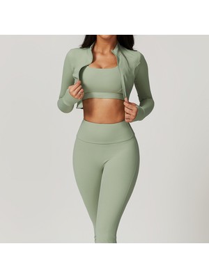 Yuna Sport Kadın 3’lü Parmak Geçmeli Spor Ceket, Spor Bra ve Arkası Büzgülü Spor Tayt Spor Takımı