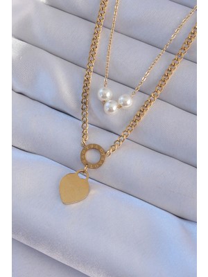 Kaia Life 316L Çelik Gold Renk Çift Zincir Inci Detayı Love Kalp Kolye