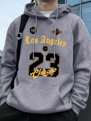 Los Angeles Chicago 23 Baskı Kapüşonlu Üst Erkek Kışlık Polar Sıcak Kazak Koşu Cepli Kazak Sp