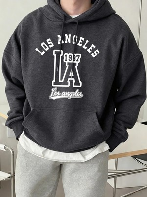 Los Angeles Mektup Baskılı Kapüşonlu Üstler Erkek Polar Sokak Modası Sweatshirtleri Sonbahar