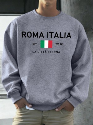 Roma Italia EST.753 Baskılı Kazak Erkekler Bisiklet Yaka Polar Giyim Gevşek Sonbahar Kazaklar