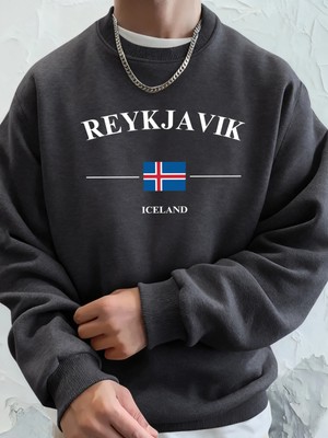 Reykjavik Izlanda Harf ve Bayrak Baskılı Erkek Günlük Sıcak Kapüşonlu Üstler Bisiklet Yaka Yu