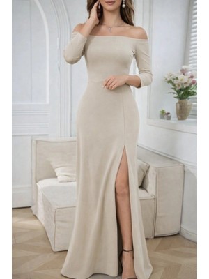 MioveKio  Kadın Uzun Kollu Madonna Yakalı Yırtmaç Detaylı Uzun Ithal Krep Elbise