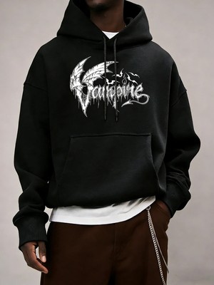 Vampir Yarasa Kanatları Desen Erkekler Temel Tüm Maç Hoody Gevşek Polar Elbise Rahat Cep Kaza