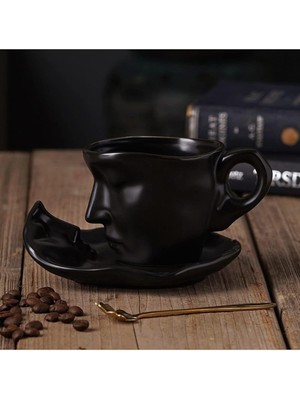 Hype Store Arvale Yüz Şeklinde Romantik Kahve Kupaları (2 Li Set) Seramik Fincan Takım (Siyah, 110 Ml)