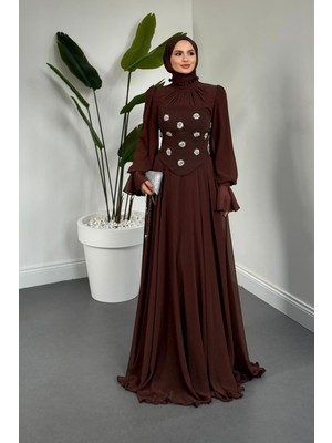 Merven Akyüz Lumiere Seyyar Korseli Şifon Abiye Kahverengi