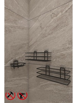 Hype Store Alper Banyo Yapışkanlı Kancalı Paslanmaz Siyah 2 Adet Düzenleyıcı Rafı Katı Sabunluk ve Bulaşık Süng