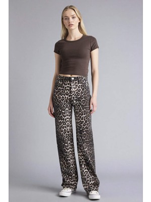 DeFacto Straight Fit Yüksek Bel Leopar Desenli Gabardin Pantolon D1229AX26SP