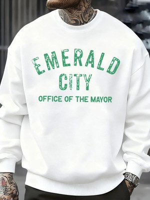 Emerald City Mektup Baskılı Sonbahar Sweatshirt Erkek Trendy Günlük Kazak Polar Bol Giyim Her