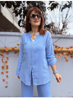 Denizege Butik Müslin Hakim Yaka Gömlek Bebe Mavi