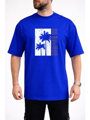 Caddekombin Erkek Palmiye Silüetli Surfing Co Yazı Baskılı Bisiklet Yaka Saks Mavi T-Shirt