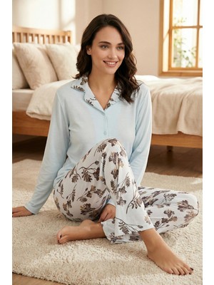 Kadın Uzun Kollu Düğmeli Çiçek Desenli Pijama Takımı - 5