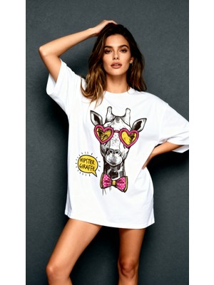 Dune Gıraffe Pink Oversize 2 Iplik Pamuk Baskılı Beyaz T-Shirt