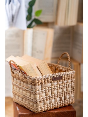 AtanDu Home El Yapımı Doğal Kulplu Kare Hasır Sepet | 20×20×16 cm | Dekoratif Organizer | Çok Amaçlı Saklama Sepeti