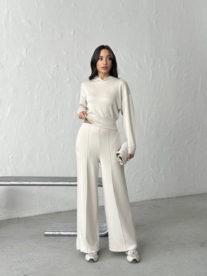 Bejna Kadın Modal Dokulu Kapüşonlu Üst Geniş Paça Pantolon Alt Üst Yumuşak Spor Takım