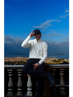 Erkek Yarım Fermuarlı Saç Örgü Desenli Kazak