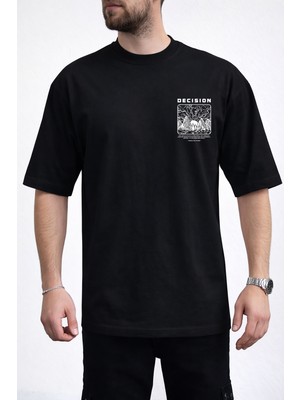 Caddekombin Erkek Decısıon Göğüs Yazı Baskılı Bisiklet Yaka Siyah T-Shirt