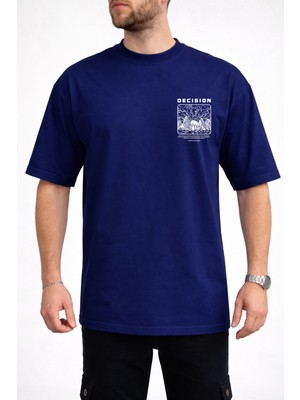 Caddekombin Erkek Decısıon Göğüs Yazı Baskılı Bisiklet Yaka Lacivert T-Shirt