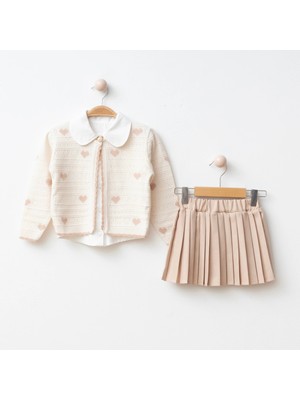 Gökçe Kalp Desenli - Triko Hırka - Gömlek Pileli Etek 3'lü Kız Çocuk Takımı